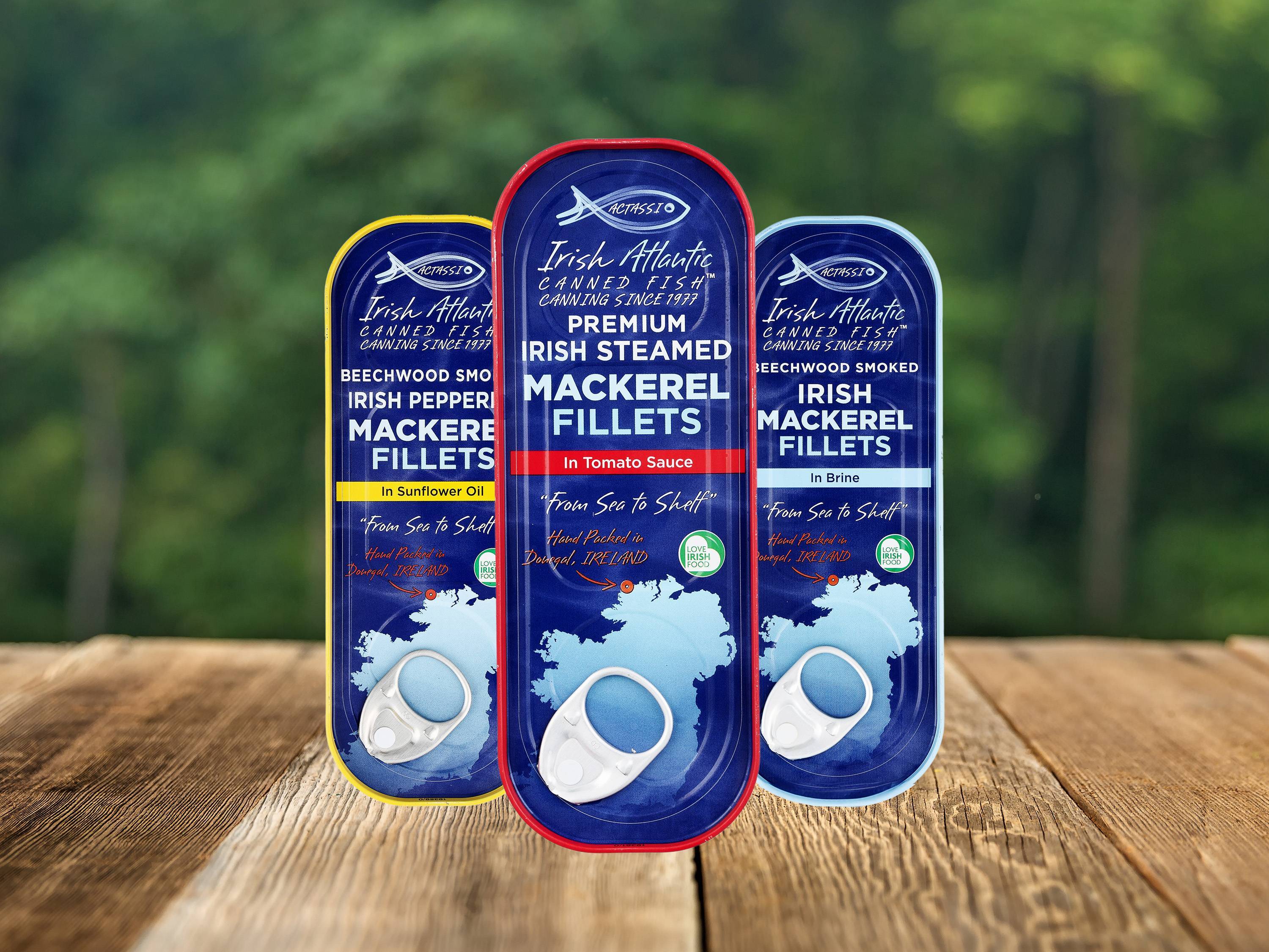 Irish Atlantic canned mackerel fillets: oil, tomato sauce, brine.