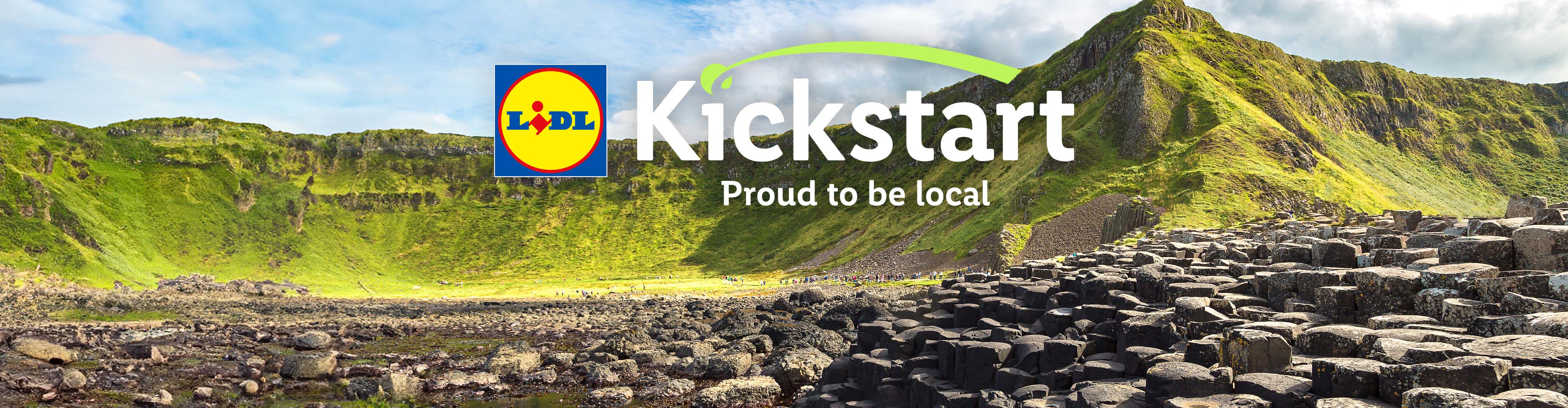 Lidl Kickstart logo over a scenic landscape with green hills and hexagonal rock formations.