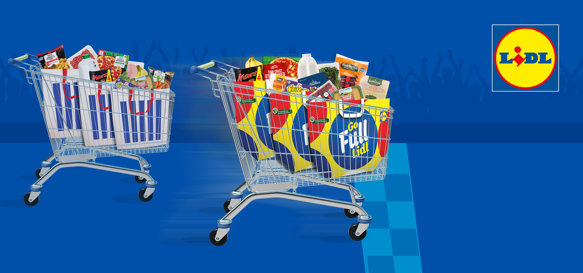 Two Lidl shopping carts filled with groceries, including Mars bars and Tesco products, against a blue background.