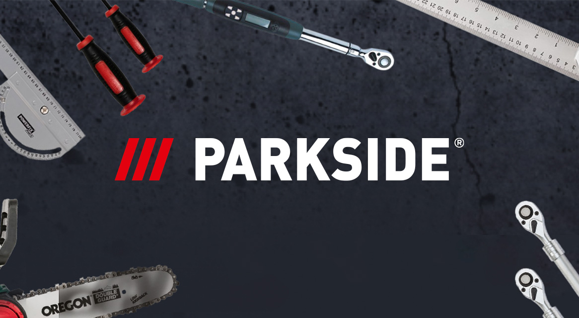 Parkside tools: Oregon chainsaw, ratchets, rulers, and circular saws.