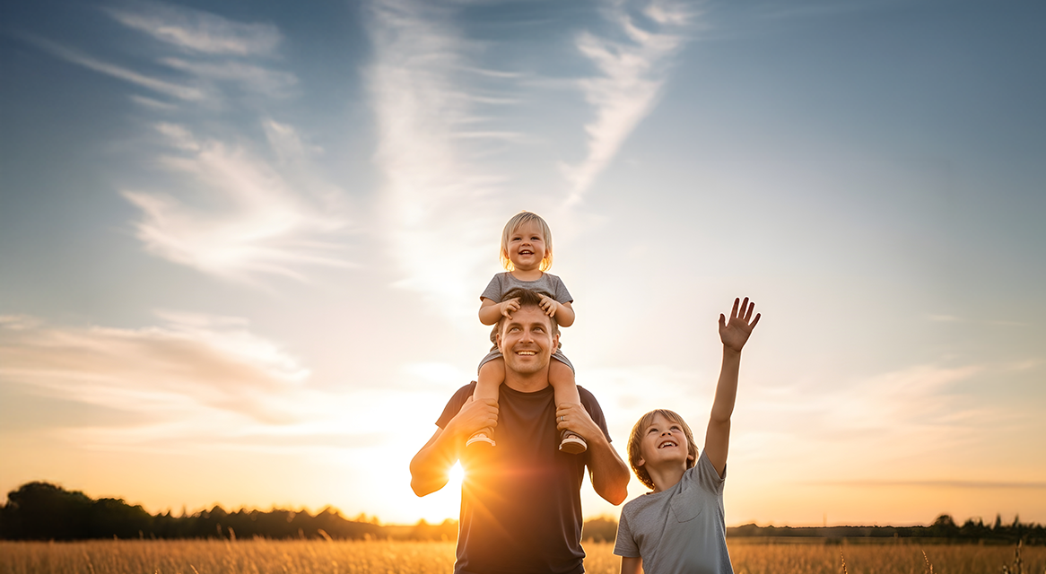Father with two children in a field at sunset, one on shoulders, one waving.
