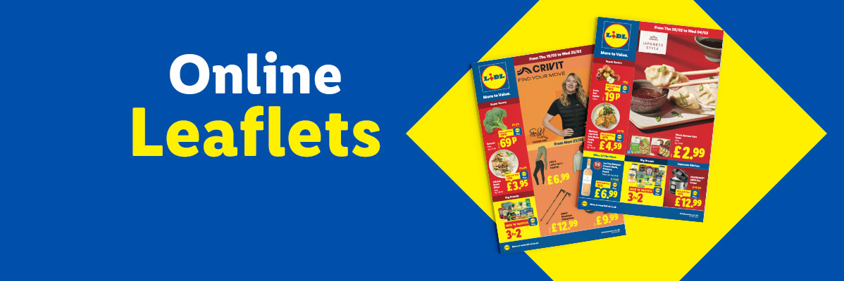 Online Leaflets with food items like broccoli, apples, and Asian-style dishes, plus activewear and household goods.