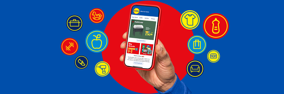 Hand holding a smartphone displaying a barbecue grill and other products, surrounded by icons representing various product categories like food, clothing, and tools.