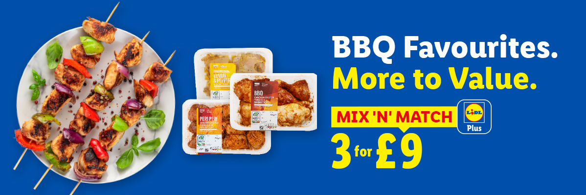 BBQ chicken skewers and marinated chicken packs, with a 'Mix 'N' Match 3 for £9' offer.
