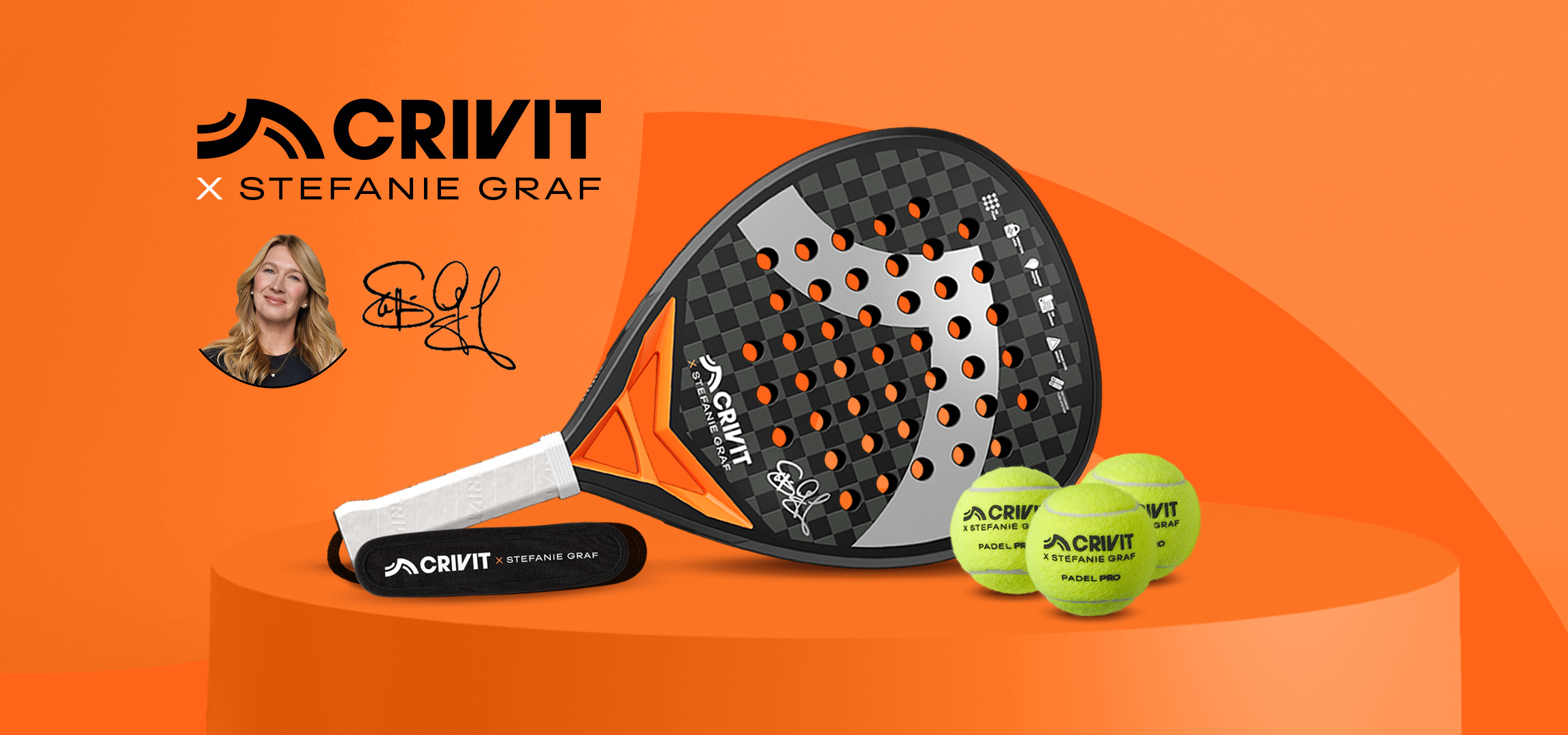 Padel racket and three padel balls with a woman's portrait and signature on an orange background.