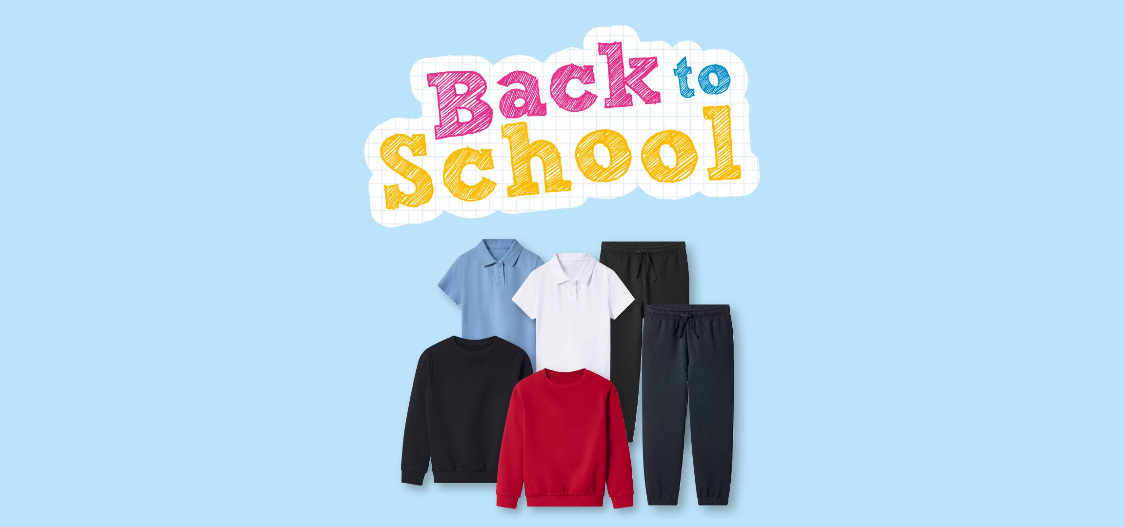 Two children in school uniform with 'Back to School' text, offering 'Buy 3, get the cheapest free!' on school clothing.