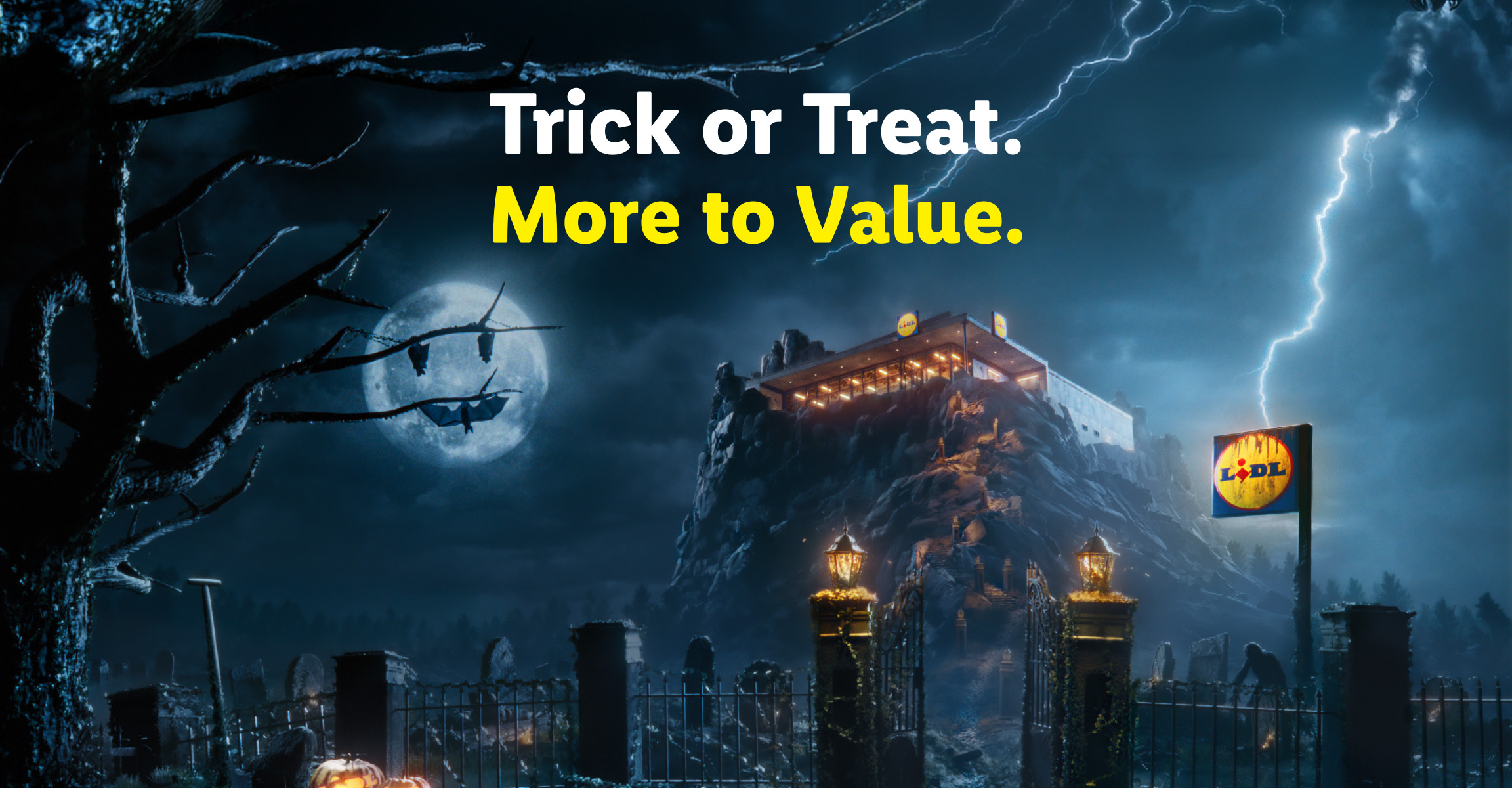 Spooky Halloween-themed supermarket on a rocky hill under a full moon and lightning.