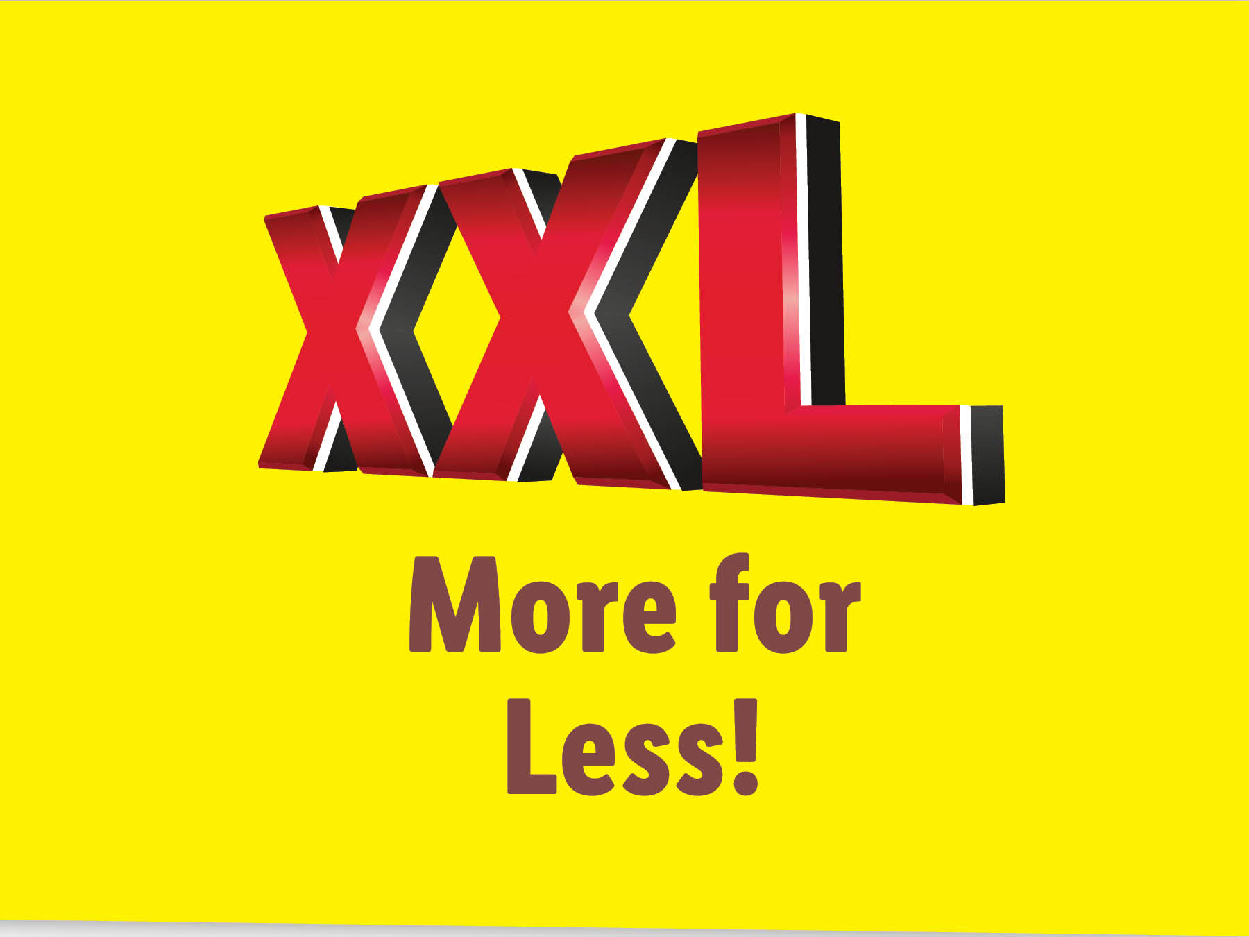 XXL: More for Less! A vibrant yellow advertisement featuring a 3D XXL logo.