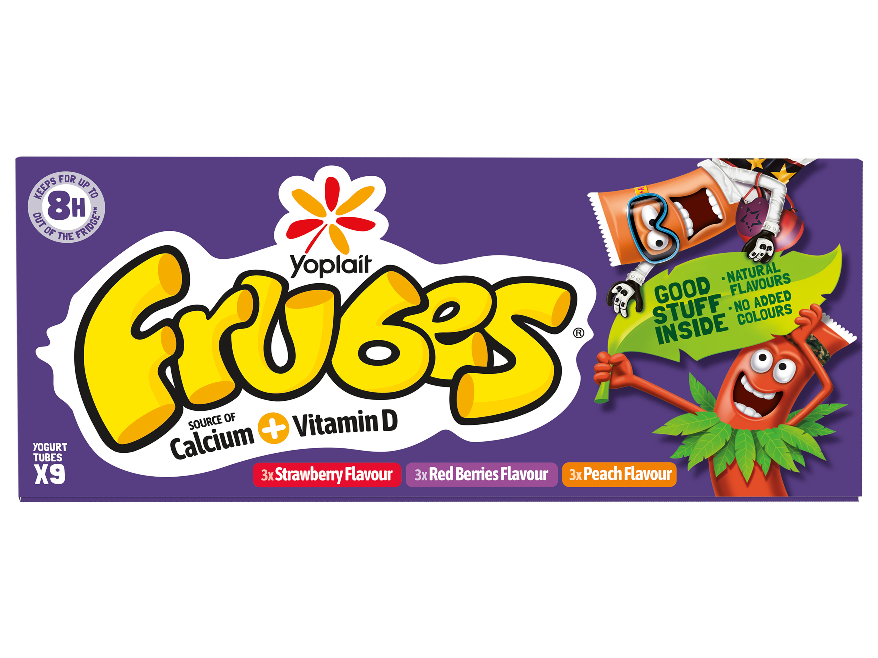 Yoplait Frubes yogurt tubes in strawberry, red berries, and peach flavors.