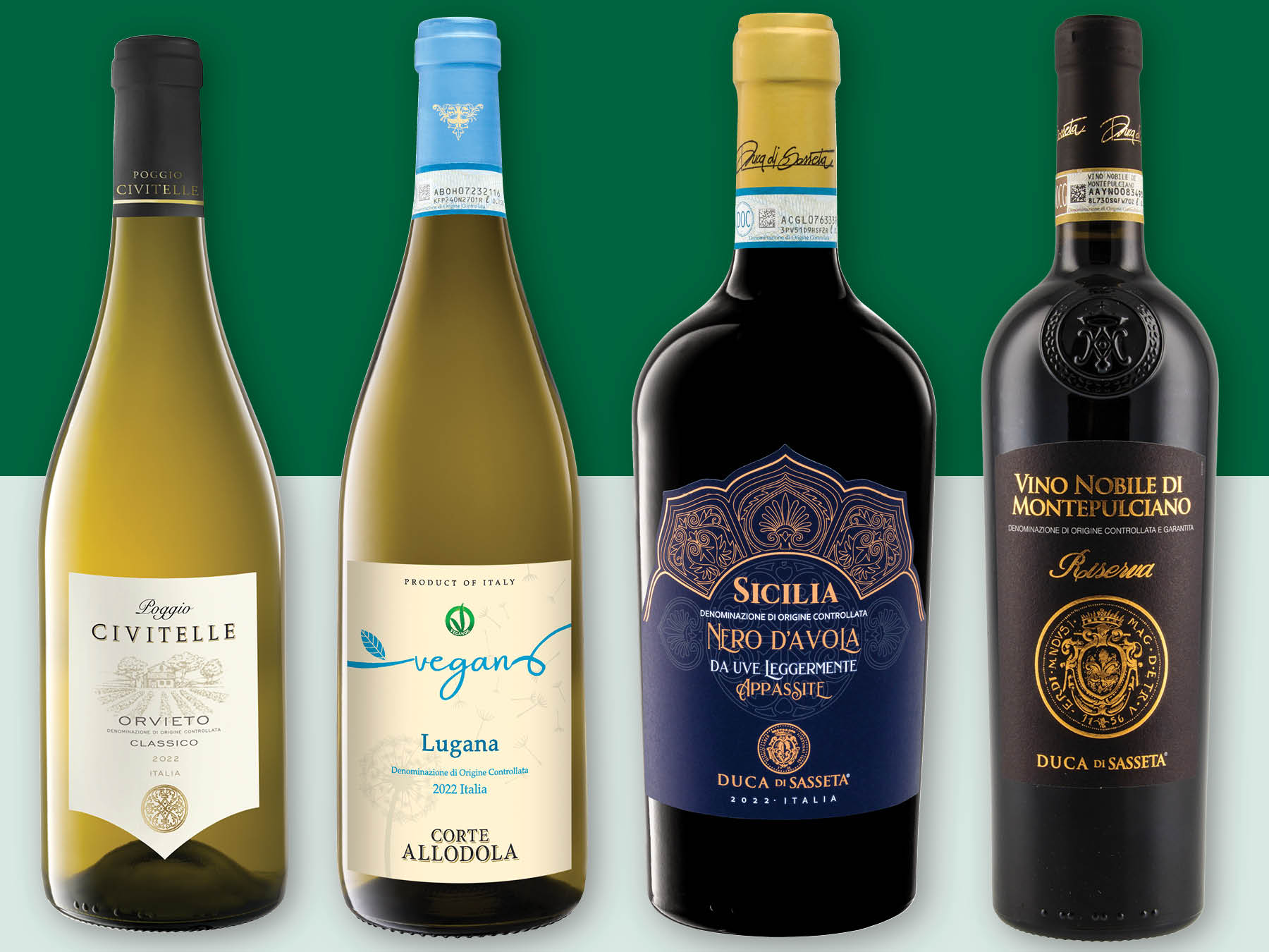 Four Italian wine bottles: Poggio Civitelle Orvieto, Corte Allodola Lugana, Duca di Sassetta Nero d'Avola, and Duca di Sassetta Vino Nobile di Montepulciano.