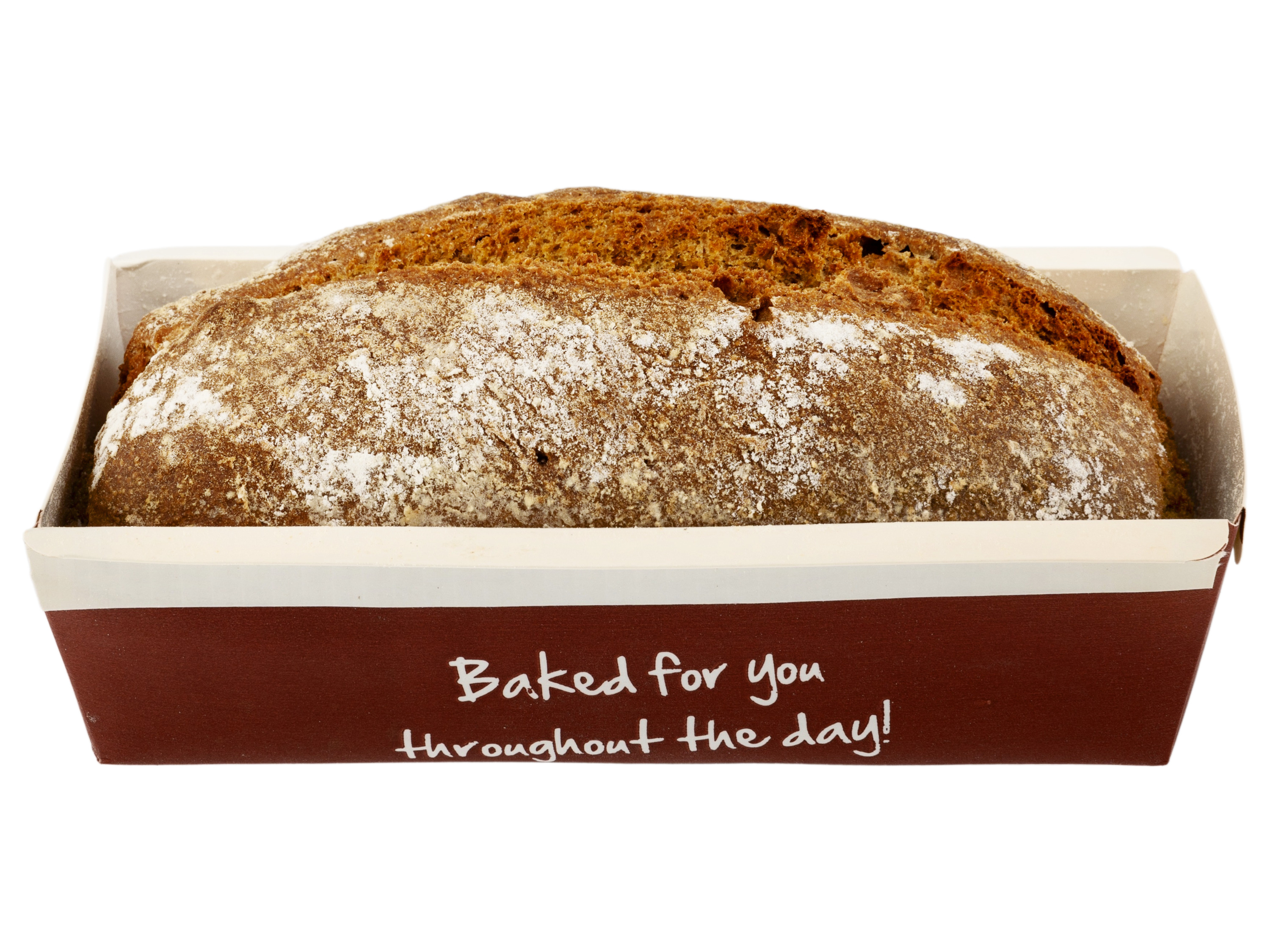 A loaf of freshly baked bread sits in a brown cardboard bakery box.