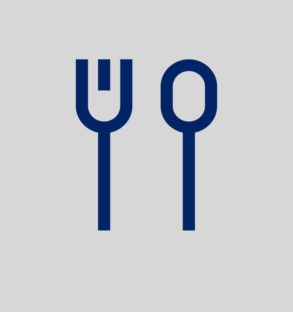 Stylized blue fork and spoon on a light grey background, representing a restaurant or dining.