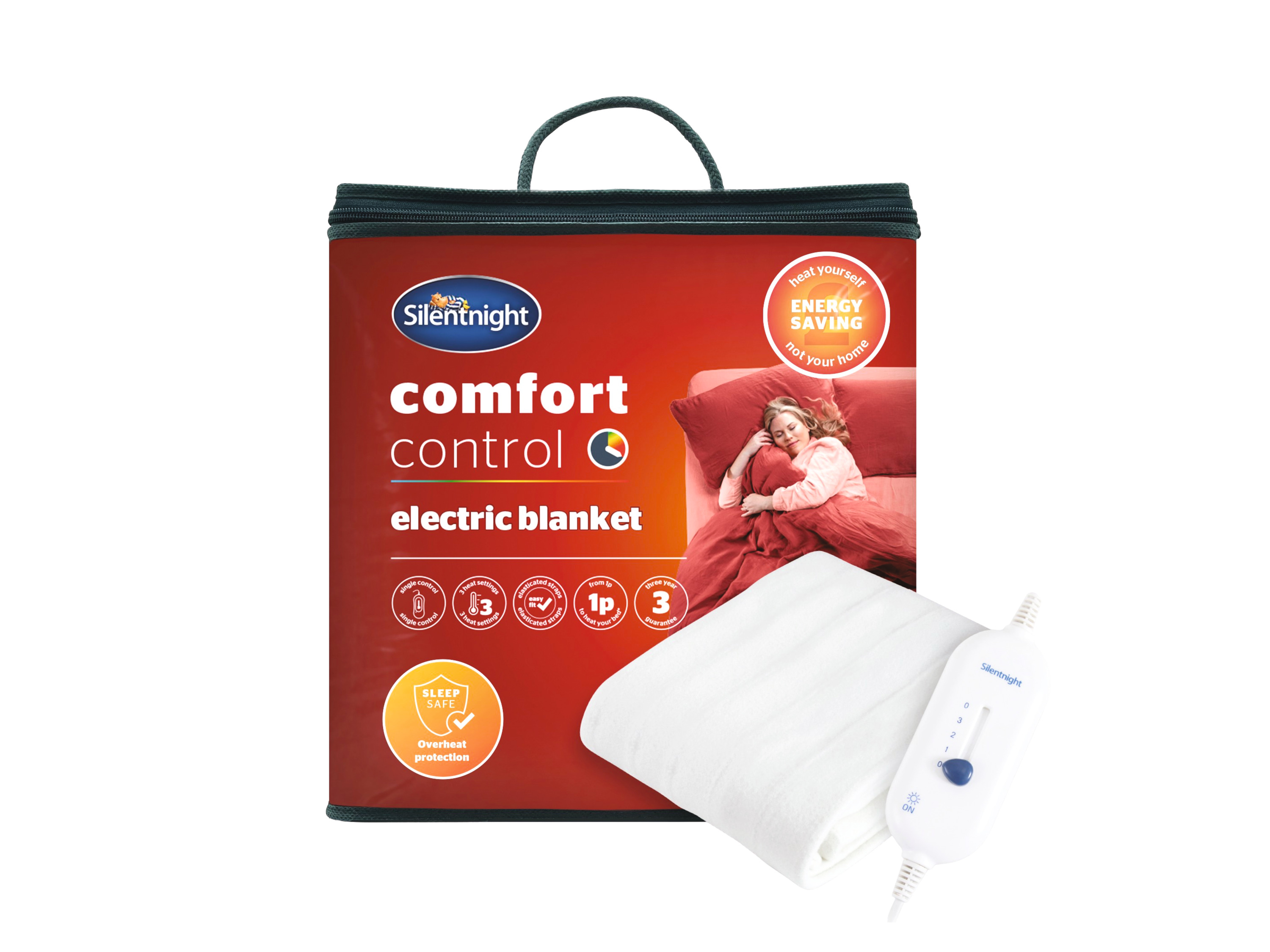 Silentnight Comfort Control electric blanket with a remote and packaging.