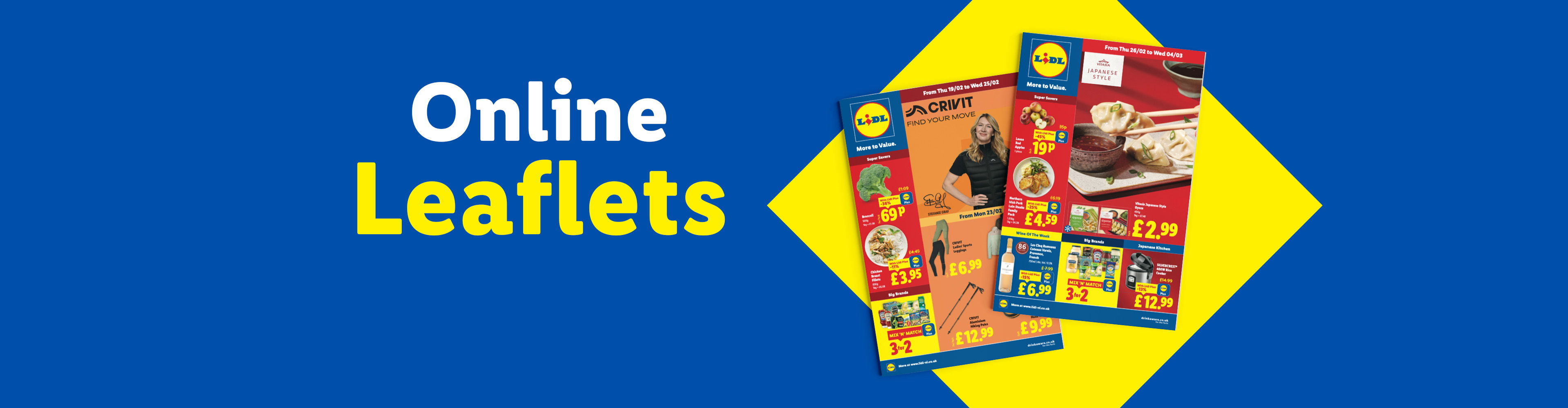 Online Leaflets with food items like broccoli, apples, and Asian-style dishes, plus activewear and household goods.