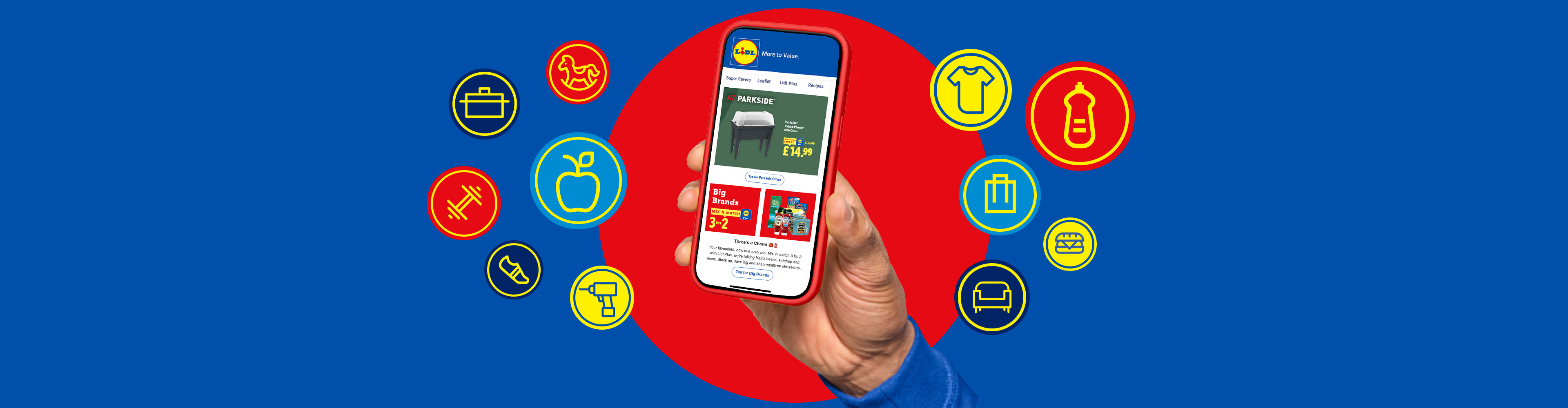 Hand holding a smartphone displaying a barbecue grill and other products, surrounded by icons representing various product categories like food, clothing, and tools.