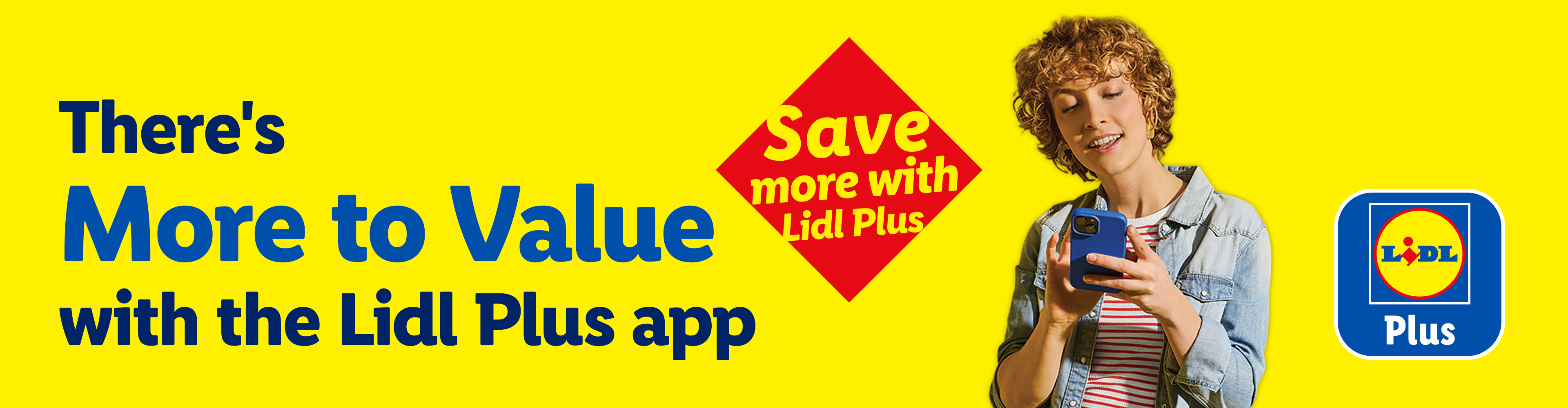 Woman using a phone, with text 'There's More to Value with the Plus app' and 'Save more with Plus'.