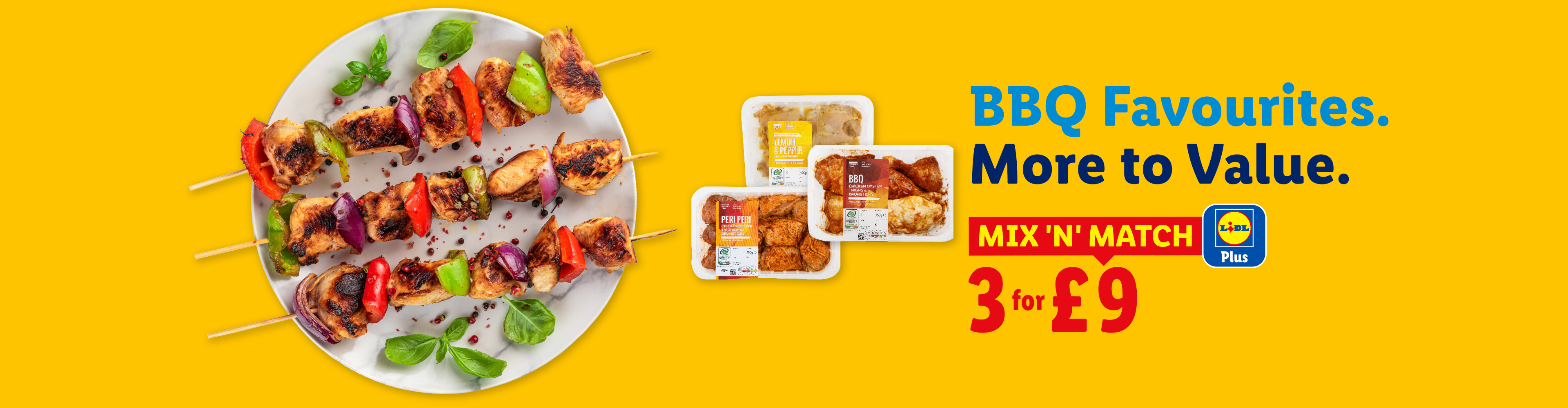 Grilled chicken and vegetable skewers, alongside packaged BBQ chicken products, with text 'BBQ Favourites. More to Value. Mix 'N' Match 3 for £9'.