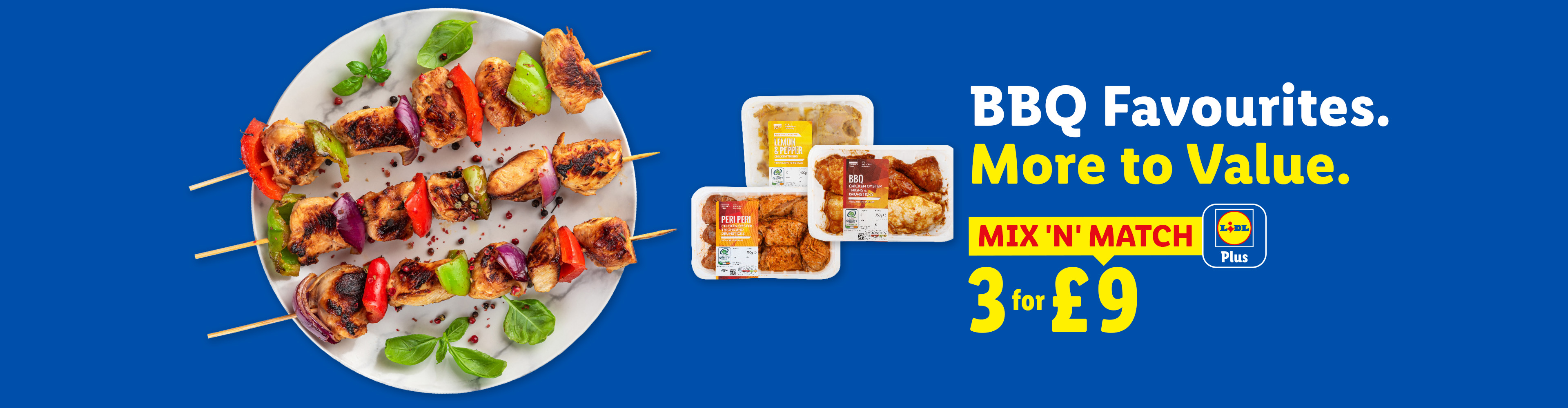 BBQ chicken skewers and marinated chicken packs, with a 'Mix 'N' Match 3 for £9' offer.