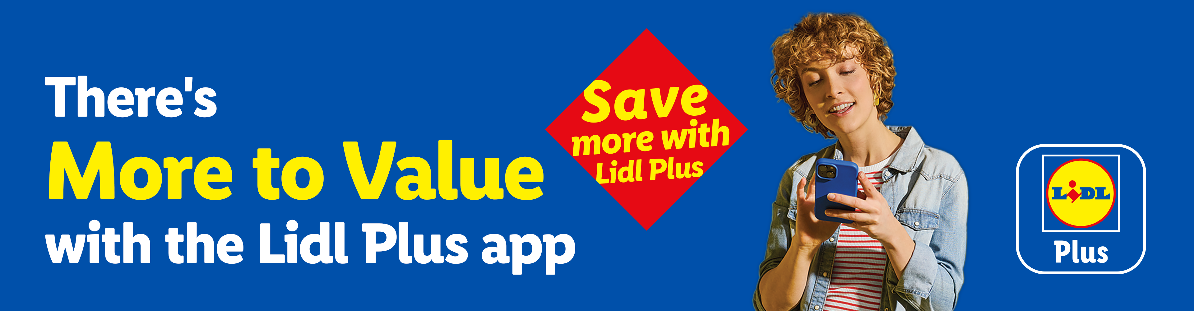 A woman using a smartphone with text: 'There's More to Value with the Plus app. Save more with Plus.'