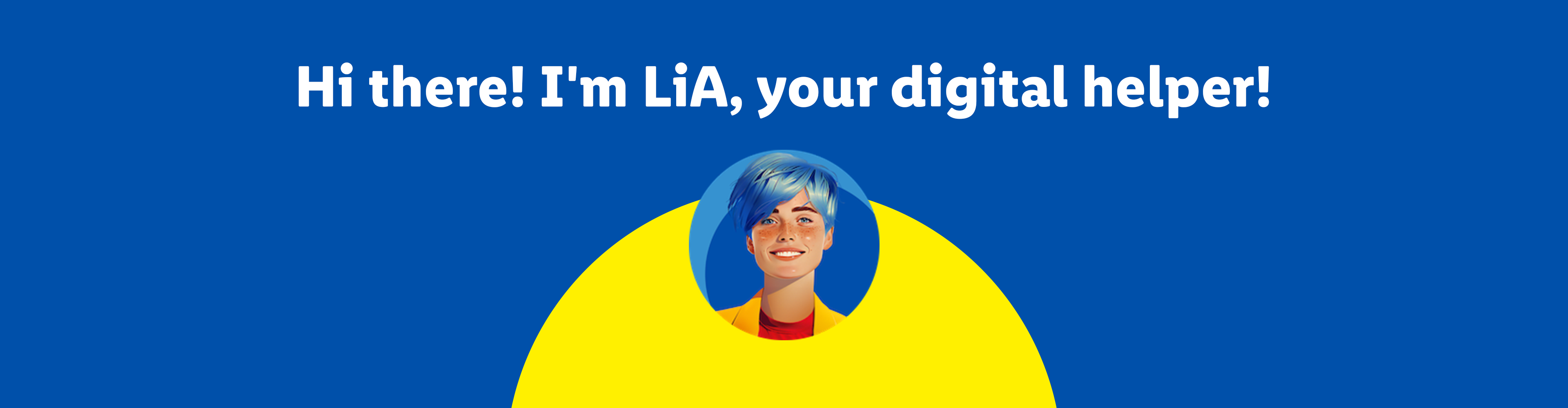 A digital helper named LiA with blue hair and a yellow shirt, on a blue background.