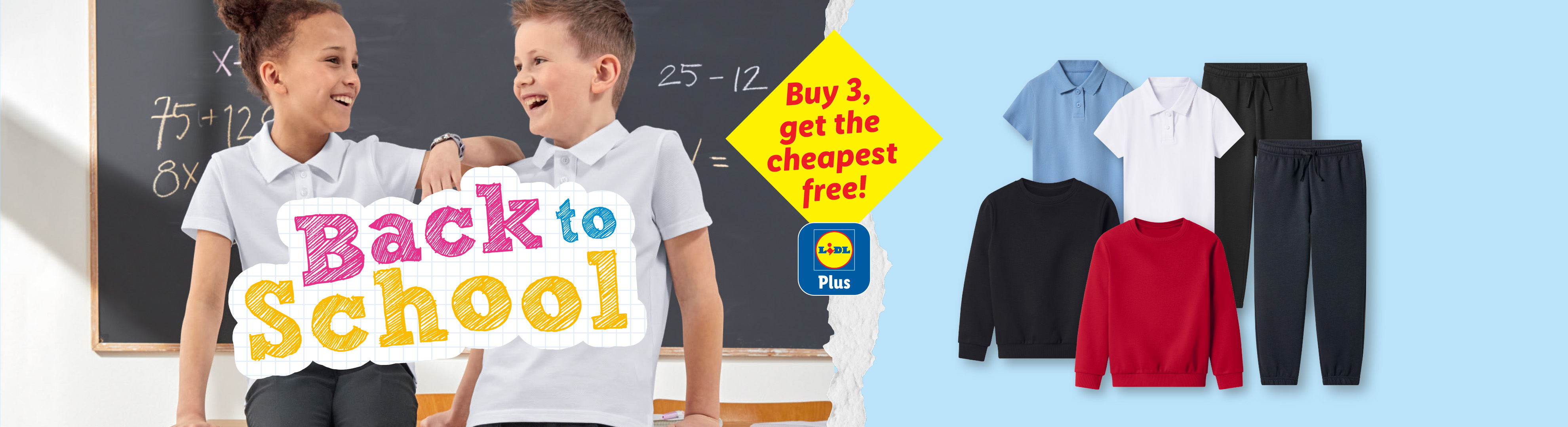 Two children in school uniform with 'Back to School' text, offering 'Buy 3, get the cheapest free!' on school clothing.