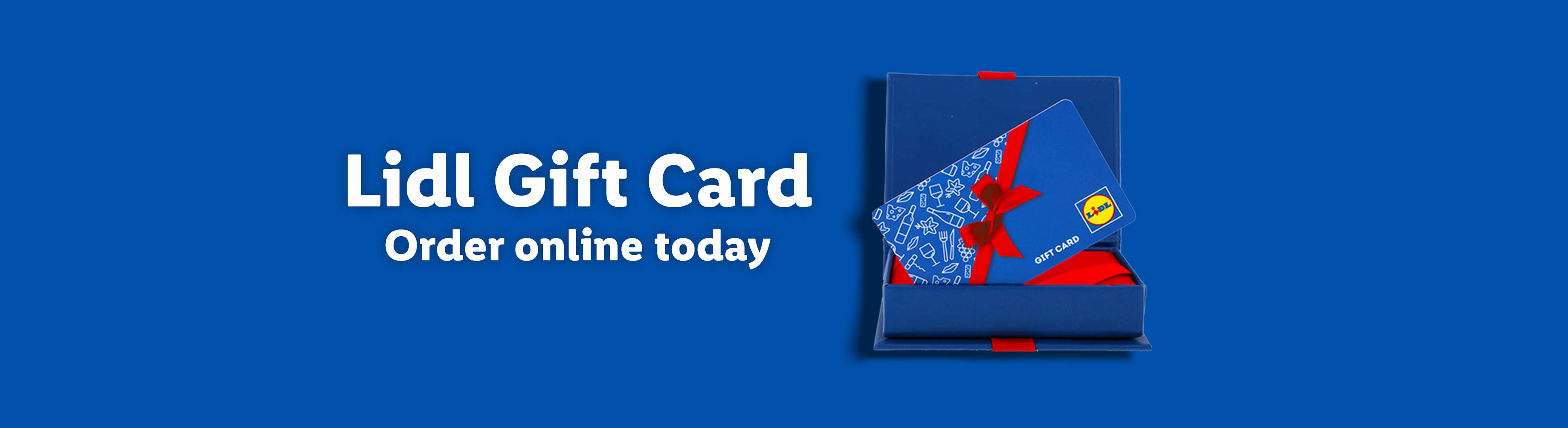 Lidl Gift Card in a blue box with red ribbon, with text 'Order online today'.