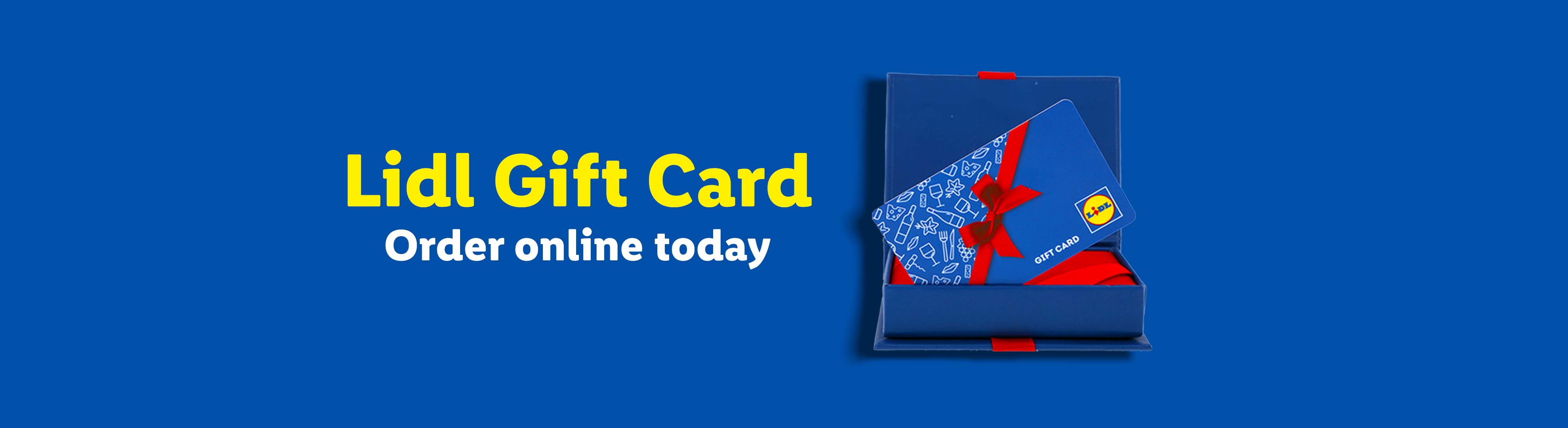 Lidl Gift Card in a blue box with a red ribbon, with text 'Order online today'