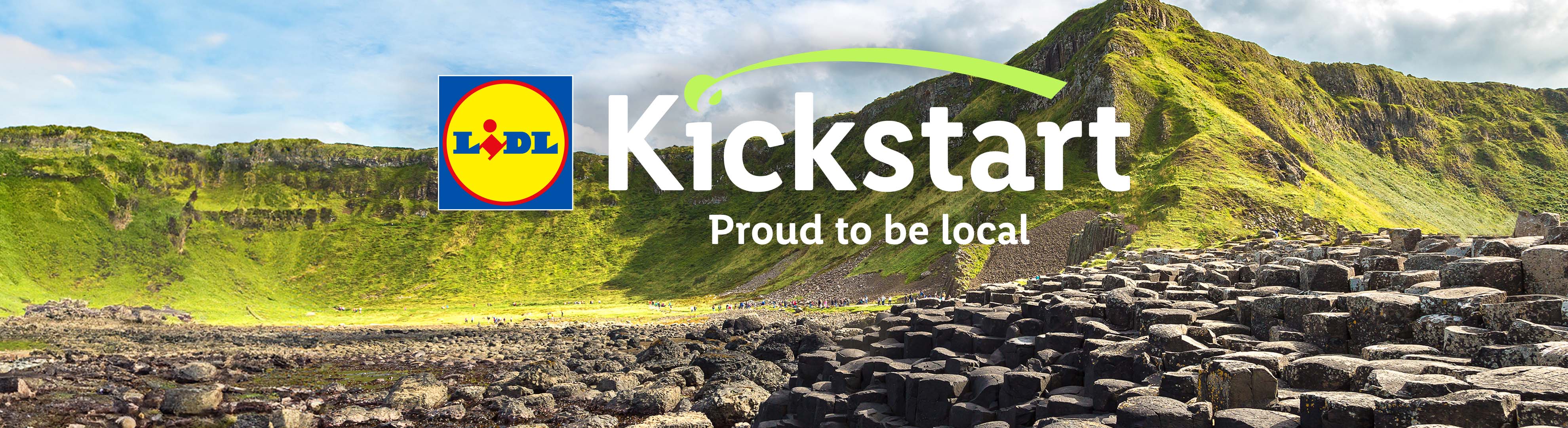 Lidl Kickstart logo over a scenic landscape with hexagonal basalt columns and green cliffs.