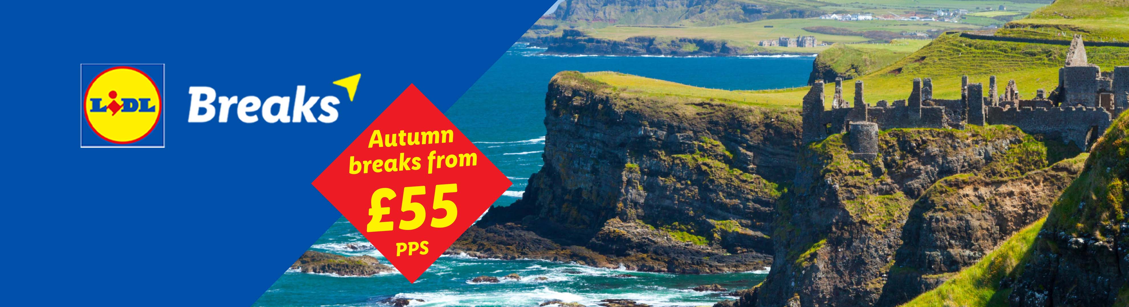 Lidl Breaks: Autumn breaks from £55 PPS, featuring a scenic coastal castle.