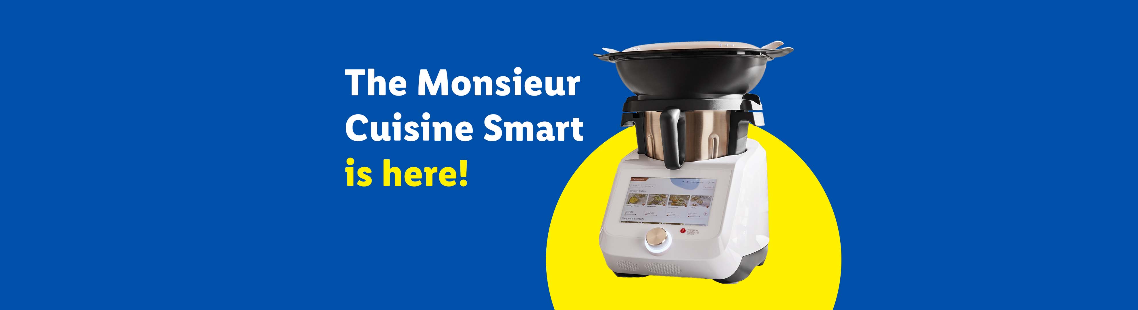 Monsieur Cuisine Smart kitchen appliance on a blue and yellow background with text 