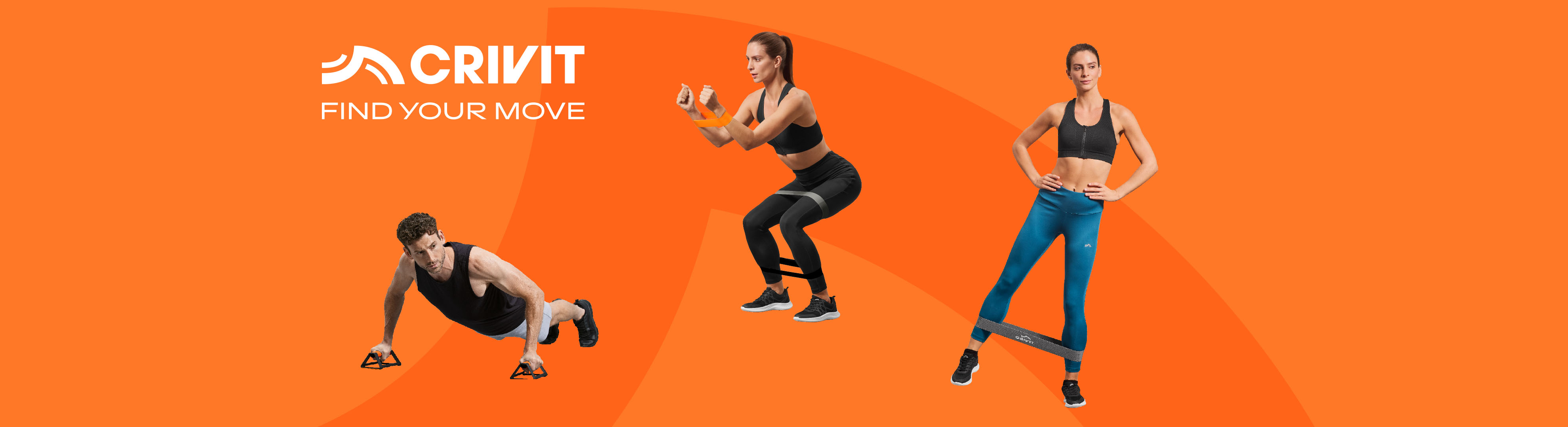 CRIVIT: People exercising with resistance bands and push-up bars on an orange background.