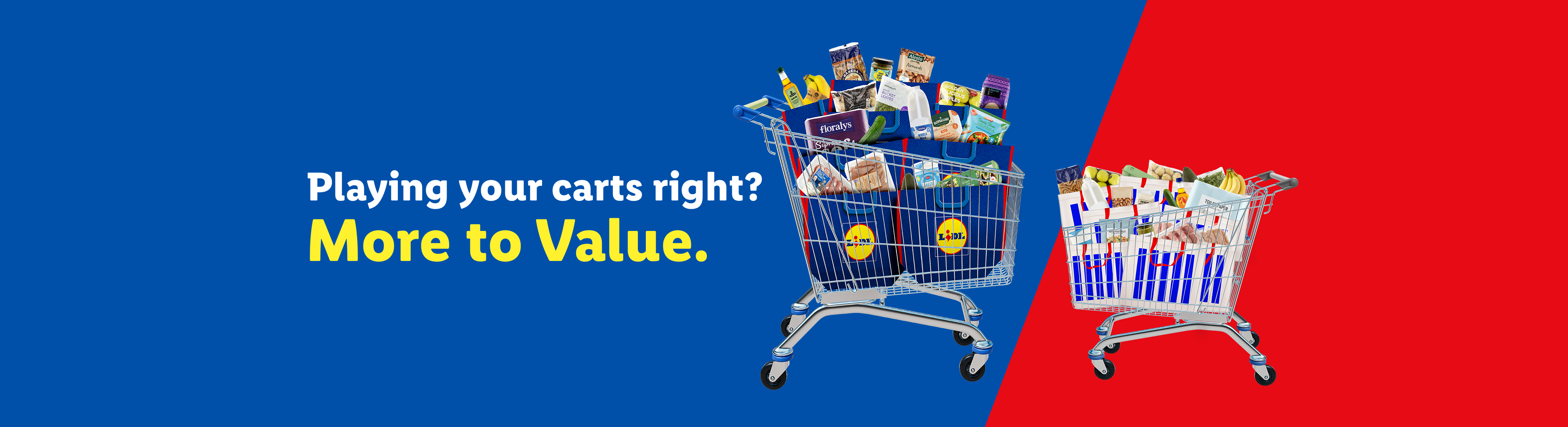 Two shopping carts, one full of Lidl-branded groceries, the other with generic items.