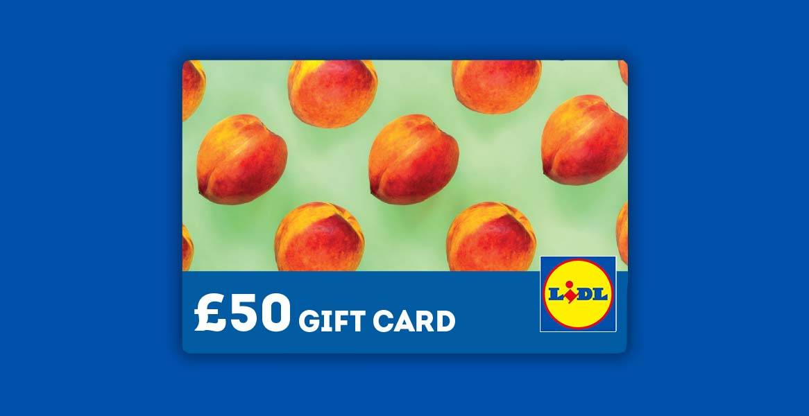 Lidl £50 gift card with a pattern of peaches on a light green background.
