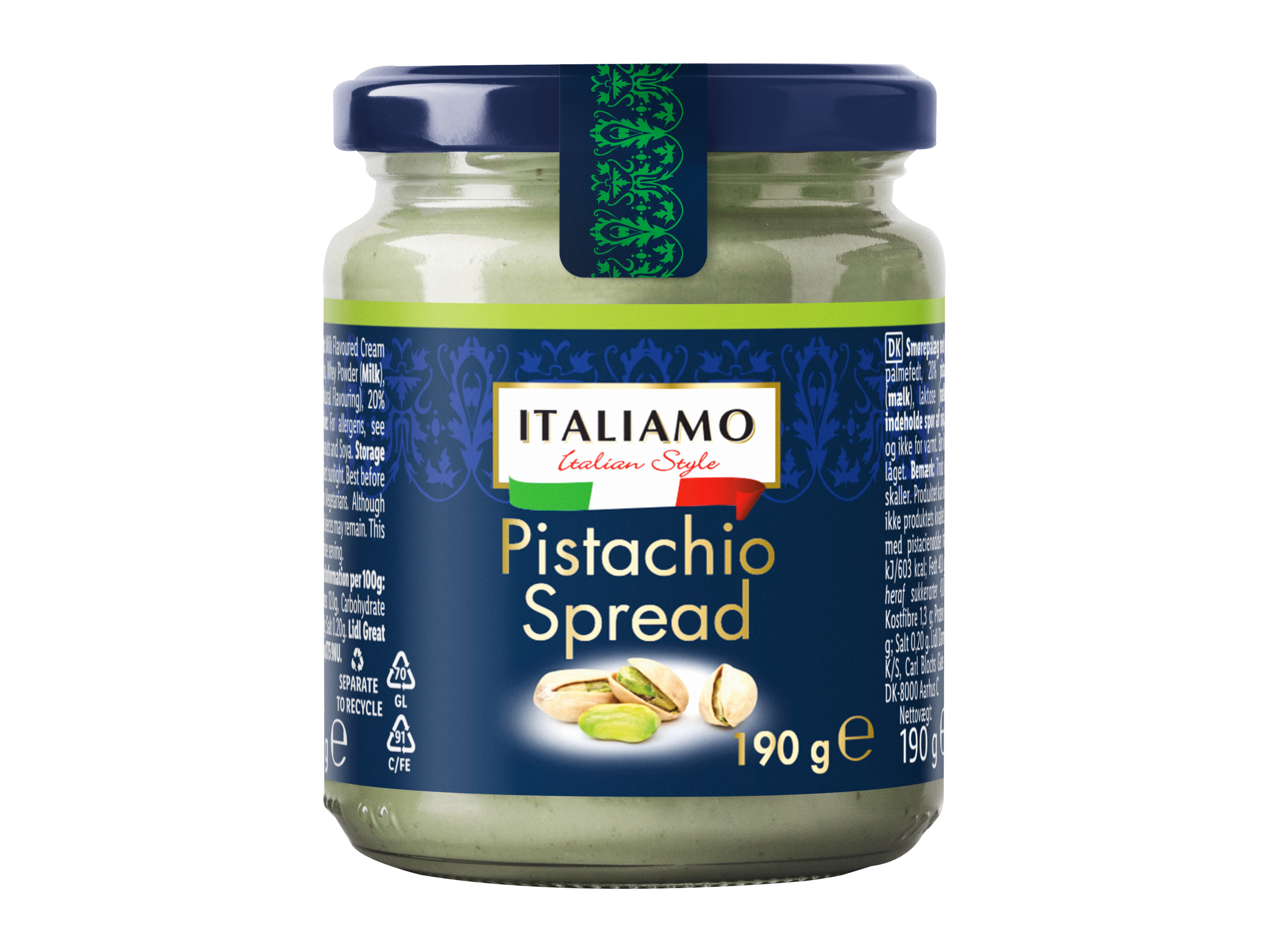 Italiamo Pistachio Spread in a glass jar.
