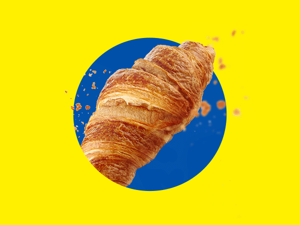 A golden, crispy croissant on a yellow background with a blue circle.