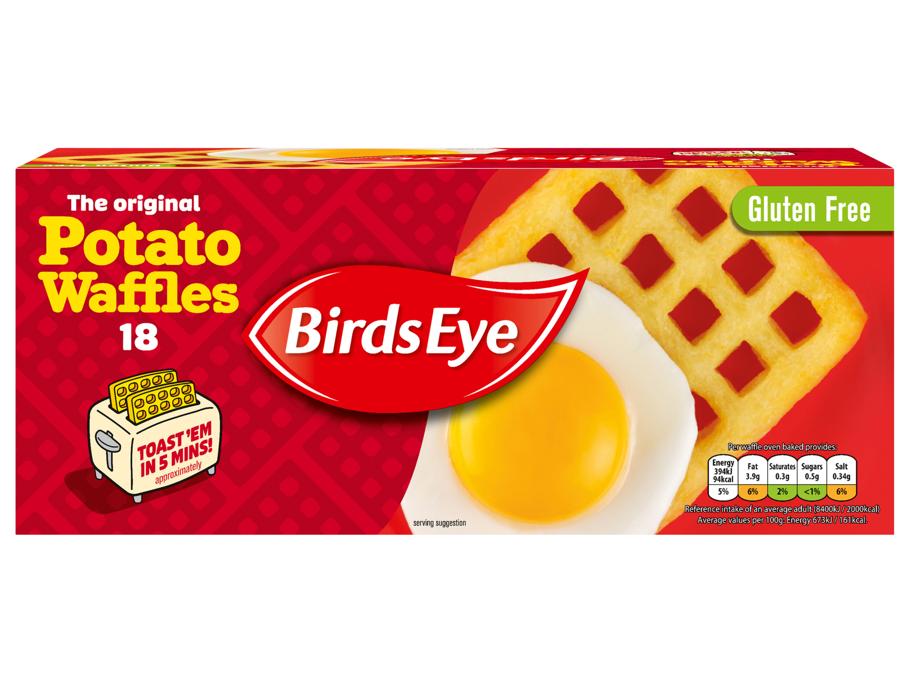 Birds Eye Potato Waffles box with a waffle and fried egg, highlighting gluten-free and toasting instructions.