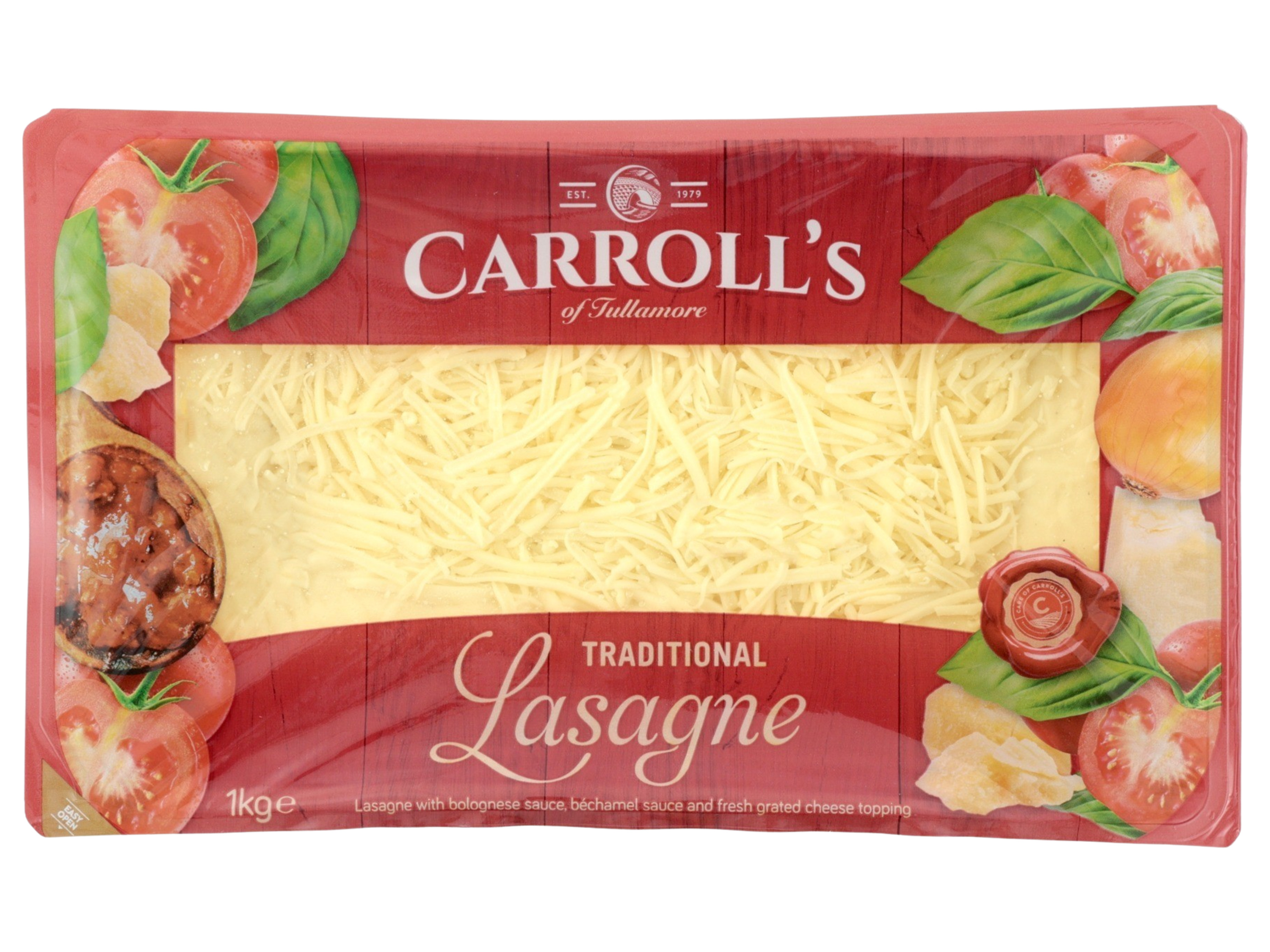 Carroll's 1kg Traditional Lasagne with grated cheese topping.
