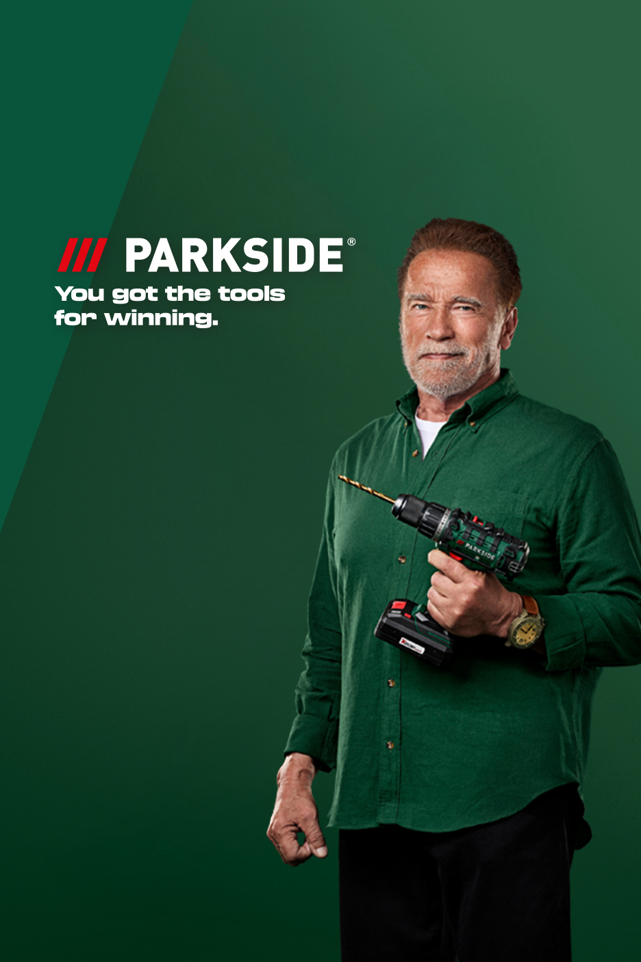 Arnold Schwarzenegger holding a Parkside drill, with the slogan 'You got the tools for winning.'