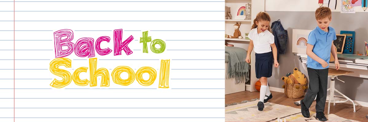 Back to school: girl's skirt and polo shirt, boy's trousers and polo shirt.