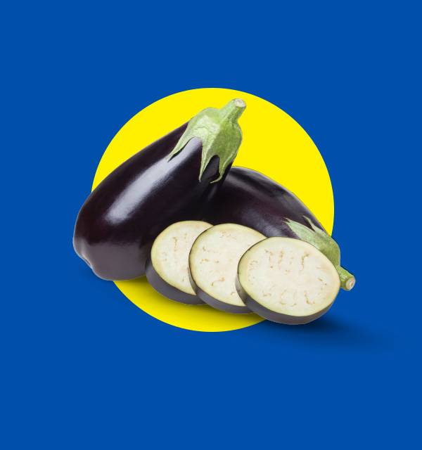 Two whole eggplants and three sliced eggplants on a yellow circle against a blue background.