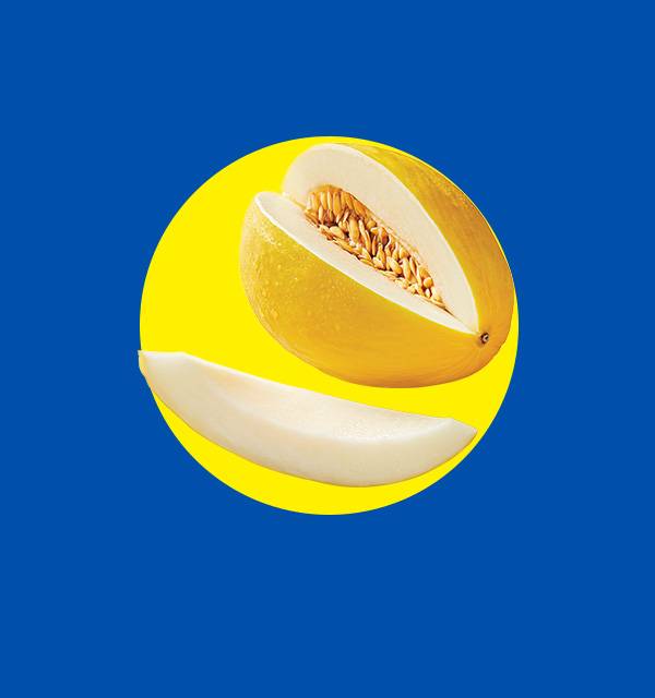 Half a yellow melon with seeds and a slice of melon on a yellow circle, blue background.