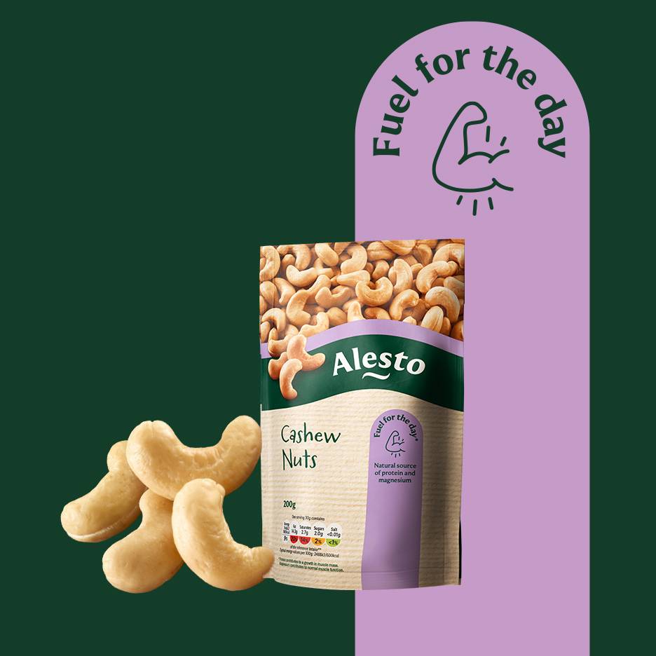 Cashew nuts in a bag and loose, with text 'Fuel for the day' and 'Natural source of protein and magnesium'.