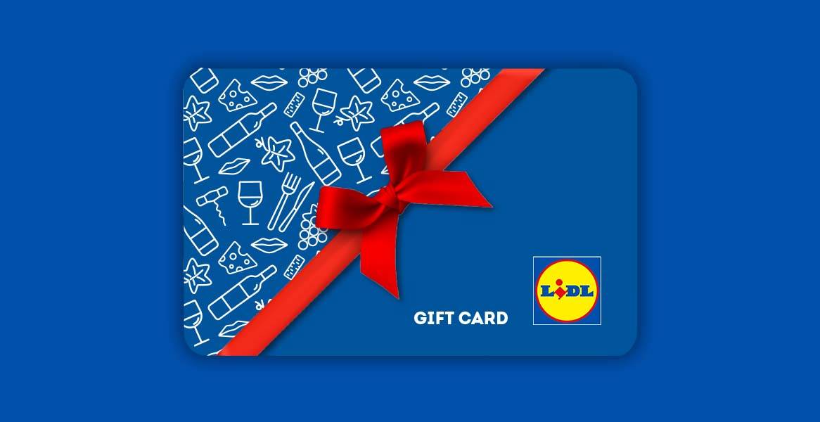 Lidl gift card with a red ribbon, featuring wine, cheese, and food icons.