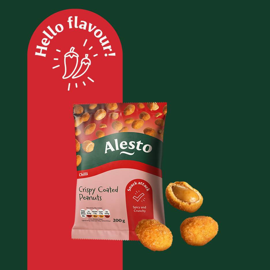 A bag of chilli crispy coated peanuts with loose peanuts, and a 'Hello flavour!' graphic.