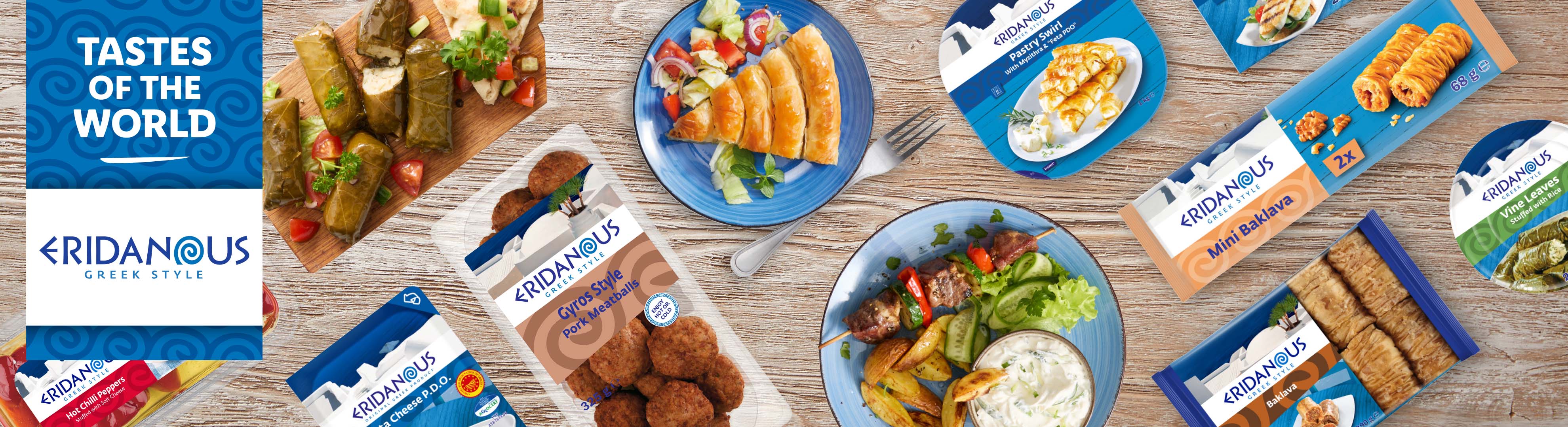 Eridanous Greek food products, including baklava, meatball, and stuffed grape leaves, are displayed on a wooden surface.