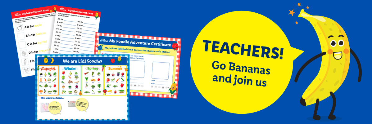 Educational materials for teachers, including an alphabet harvest hunt, a foodie adventure certificate, and a seasonal food chart, with a banana character and text 'TEACHERS! Go Bananas and join us'.