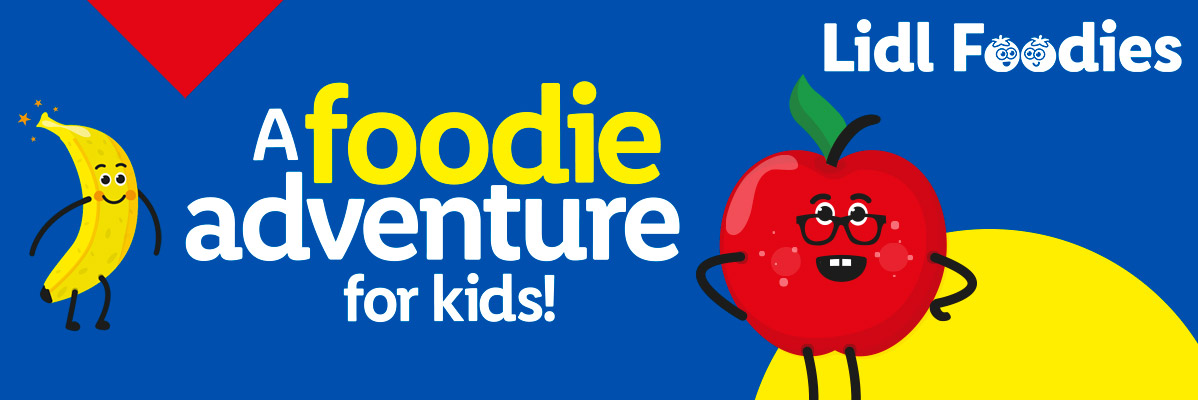 Cartoon banana and apple characters with text: 'A foodie adventure for kids!'