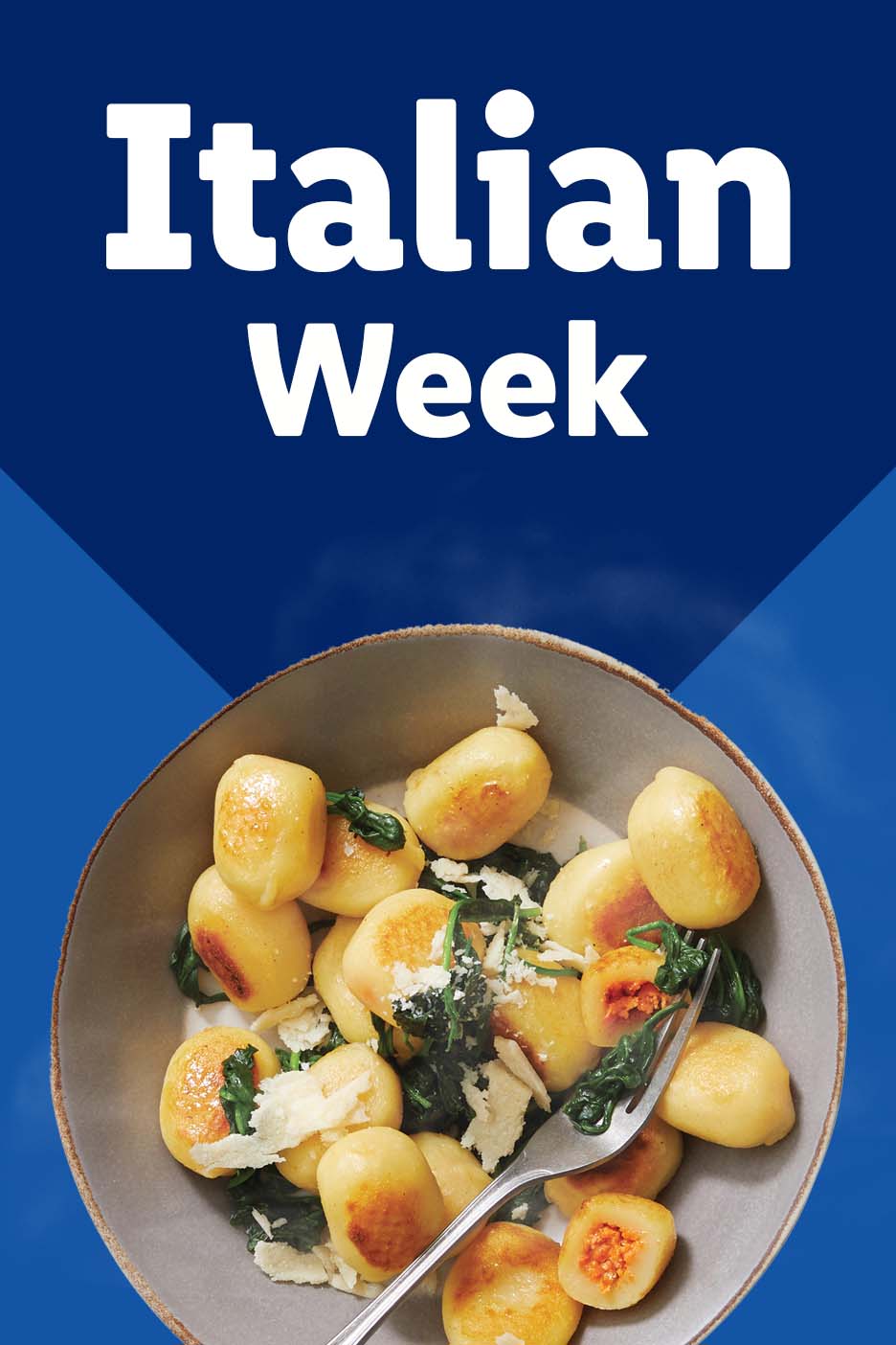 A bowl of gnocchi with spinach and cheese, with text 'Italian Week' on a blue background.