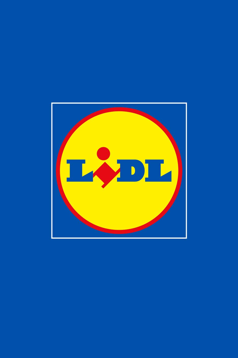 Lidl logo on a blue background, featuring a yellow circle with red and blue text.
