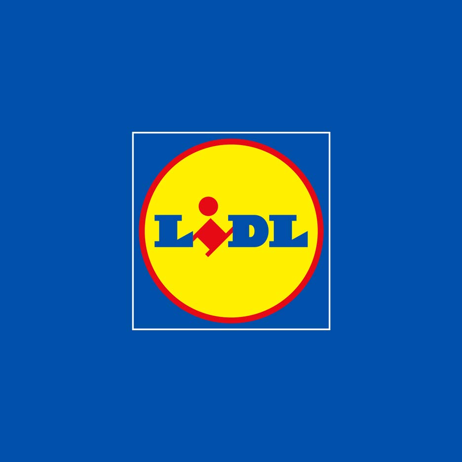 Lidl logo on a blue background, featuring the word 'Lidl' in blue letters within a yellow circle.